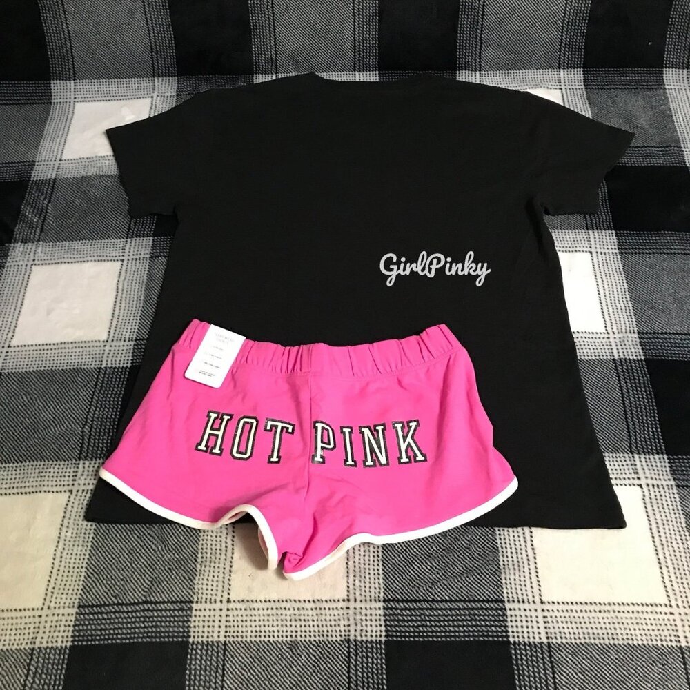 VS PINK PINK GOSSIP GLITTER COTTON MODAL MICRO SHORTS CAMPUS TEE IN SIZE LARGE - Picture 9 of 10